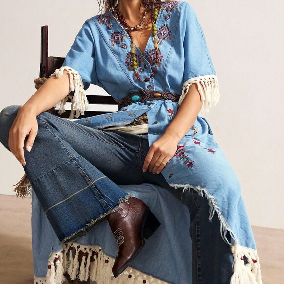 Blue Western Boho Women's Embroidered Casual Dress - Picture 7 of 8